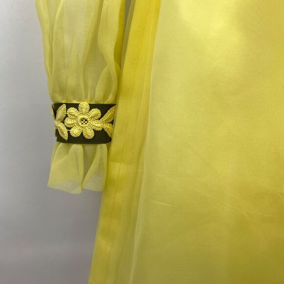 Vintage 60s Lorrie Deb Dress Small Yellow Chiffon Ruffles Embroider Daisy Trim - Picture 6 of 11